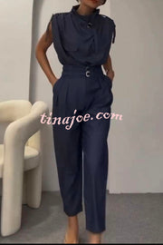 Statement Breast Pocket High Neck Top and Side Pocket Belt Long Pant Set