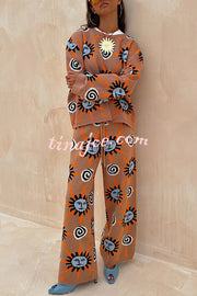 Mediterranean Art Knit Unique Sun Vortex Print Long Sleeve Relaxed Sweater