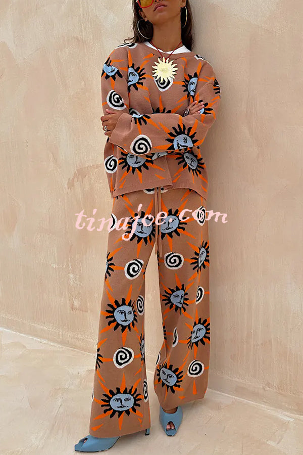 Mediterranean Art Knit Unique Sun Vortex Print Long Sleeve Relaxed Sweater