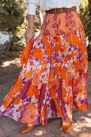 Resort Style Floral Print Elastic Waist Loose Stitching Maxi Skirt