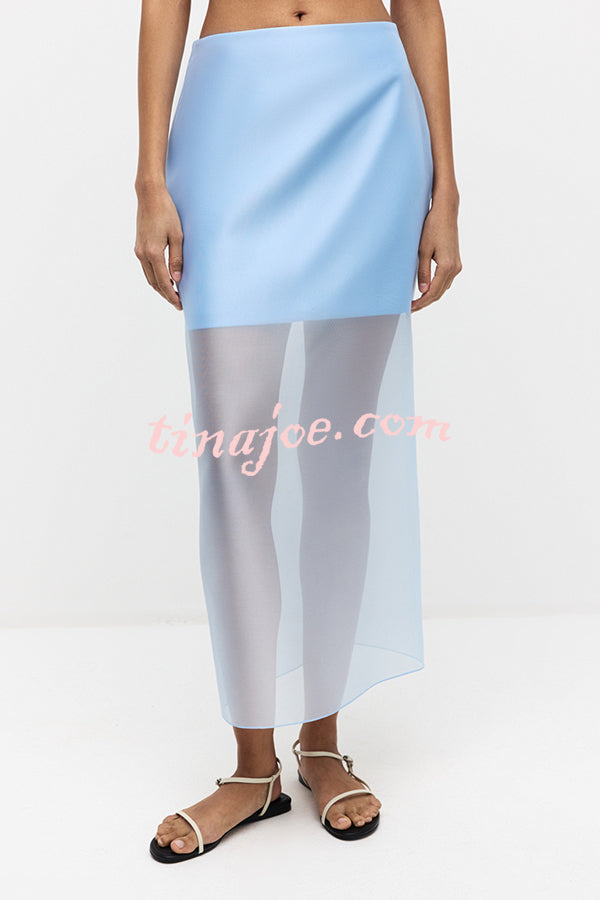 Simple and Light See-through Fabric Mid Rise Pencil Slit Midi Skirt