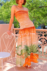 Fairy Tale Town Sunset Unique Print Off Shoulder Smocked Maxi Dress