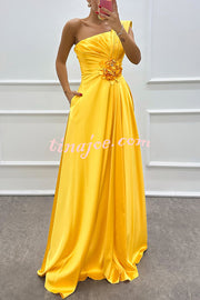 Nasha Satin Pleated One Shoulder Petal Gemstone Detail Pocket Slit Maxi Dress