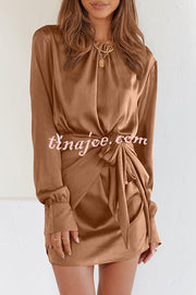 Satin Round Neck Long Sleeve Elastic Tie Mini Dress