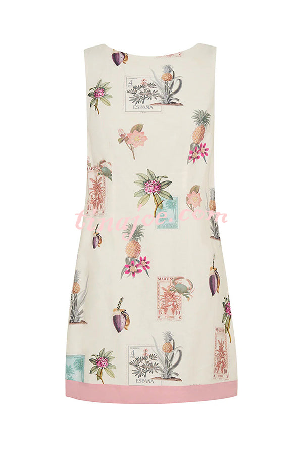 Botanical Print Sleeveless Open Back Casual Mini Dress