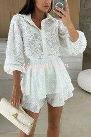 Unique Lace Texture Fabric Balloon Sleeve Blouse and Elastic Waist Layered Skirt Set