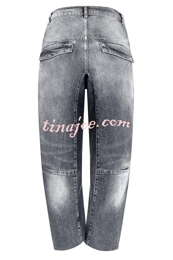 Casual Meetup Washed Denim Mid Rise Pocketed Barrel Jeans