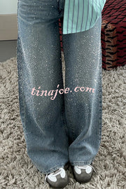 Fashionable Rhinestone Mid-rise Loose Pocket Straight Jeans