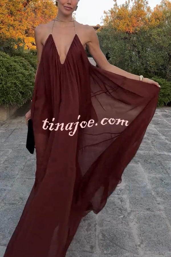 Flowing Lightweight Chiffon Chain Halter Neck Detail Backless A-line Maxi Dress