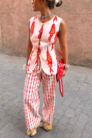Good Luck Linen Blend Koi Pattern High Rise Elastic Waist Loose Pants