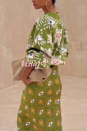 Mysterious Magic Satin Eye Heart Pattern Elastic Waist Drape Maxi Skirt