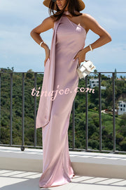 Cheers Babe Satin Solid Color Elegant One Shoulder Tie Maxi Dress