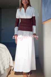 Fashionable Pleated Contrast Patchwork Waist Long Sleeve Button Shirt Maxi Dress