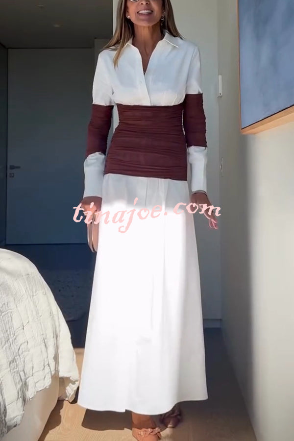 Fashionable Pleated Contrast Patchwork Waist Long Sleeve Button Shirt Maxi Dress