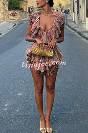 Dreamy Island Floral Leopard Print Cutout Waist Tiered Ruffles Mini Dress