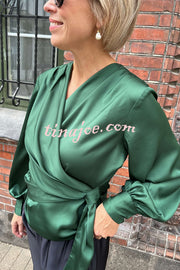 Satin Solid Color V-neck Tie Up Long Sleeve Loose Shirt