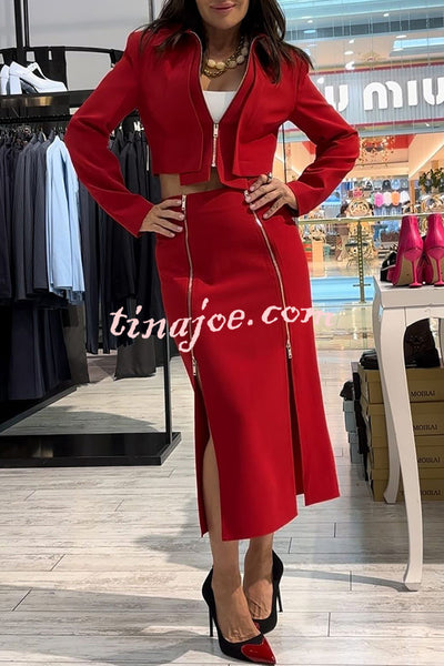 Stylish Mood Zippered Detail Crop Jacket and High Rise Stretch Slit Midi Skirt Set