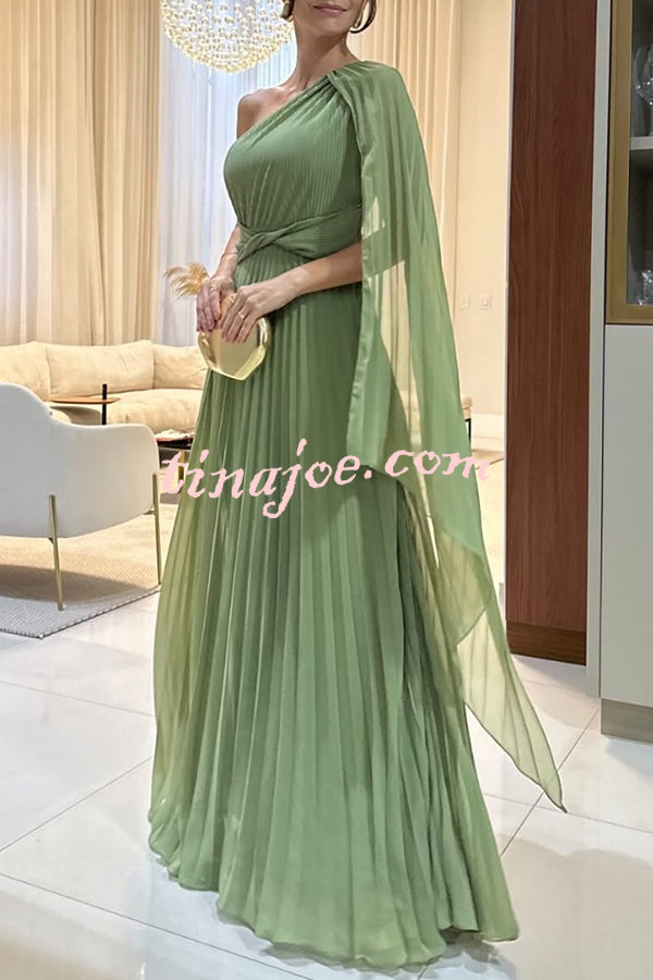 Kate Pleated One Shoulder Drape Sleeve Twist Waist Maxi Dress