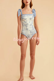 Sherry Vintage Style Floral Printed Reversible Tie Shoulder Stretch One-piece Swimsuit