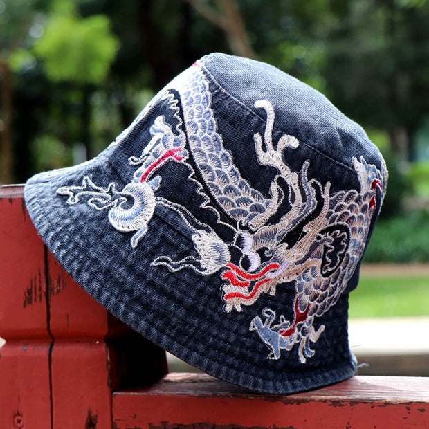 Fashionable Ethnic Style Embroidered Denim Bucket Hat