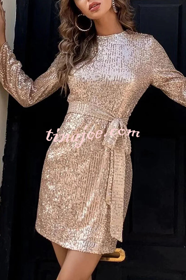 Fashion Sequined Tie Waist Slim Backless Mini Dress