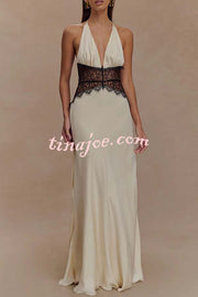 Seductive Details Satin Lace Waist Halter Tie-up Backless Maxi Dress