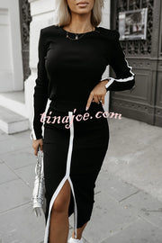 Stylish Paneled Long Sleeve Crew Neck Top and Elastic Waist Slit Midi Skirt Set