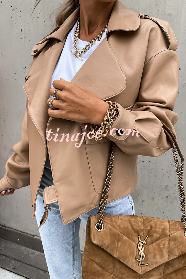 Stylish Leather Lapel Pocket British Style Cropped Jacket