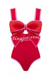 Bow Swimsuit and Elastic Waist Spotted One Piece Swimsuit + Skirt