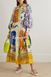 Boldness and Art Unique Print Balloon Sleeve Patchwork Shirt Midi Dress