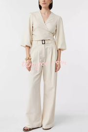 Lets Go Out Linen Blend Balloon Sleeve Wrap Tie-up Loose Top