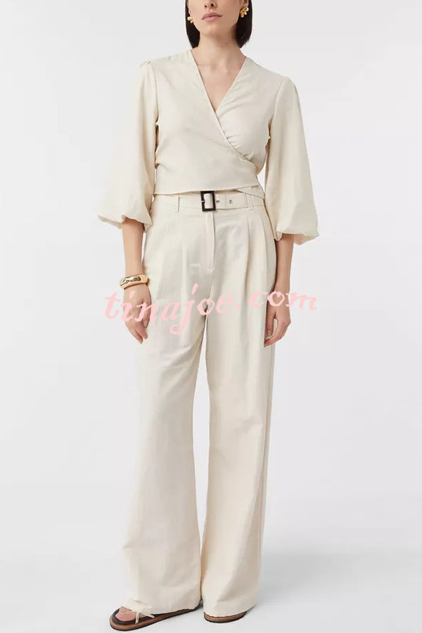 Lets Go Out Linen Blend Balloon Sleeve Wrap Tie-up Loose Top