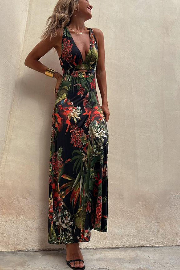 Rainforest Paradise Tropical Print Cutout Back Crossover Stretch Maxi Dress