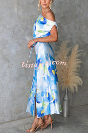 Satin Unique Print One Shoulder Tie Waist Slit Maxi Dress