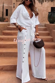 Solid Color Lapel Casual Button-down Shirt and Loose Pocket Slit Wide-leg Pants Set