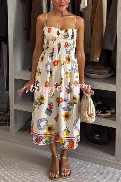 Summer Fruit Print Sling Pleated Vacation Midi Dress