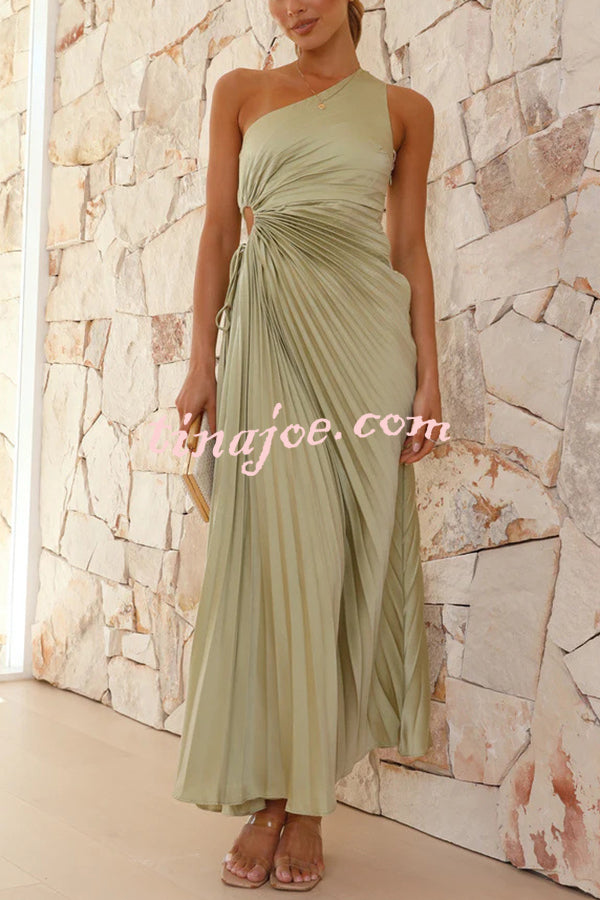 Charming One Shoulder Lace Up Cutout Pleated Maxi Dress