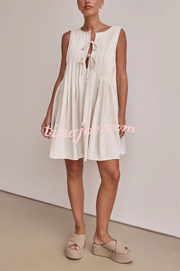 Solid Sleeveless Lace-up Loose Pleated Mini Dress