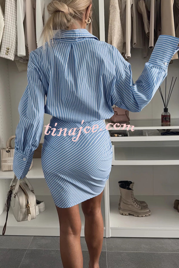 Cruising Weekend Striped Button Up Ruched Shirt Mini Dress