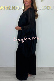 Solid Color Round Neck Loose Bat Sleeve Top and Elastic Waist Wide Leg Pants Set