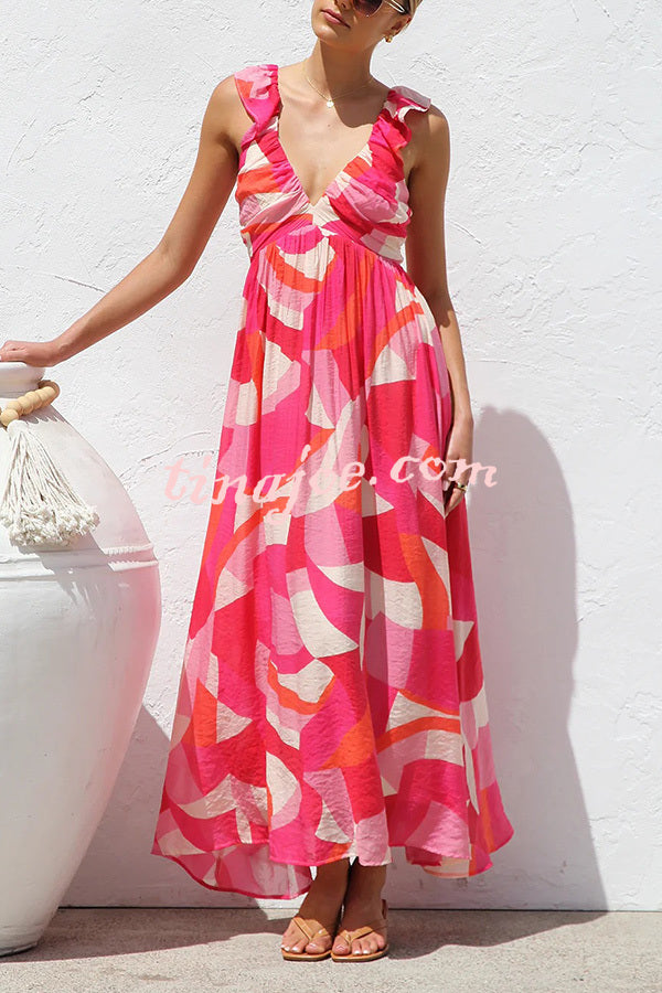 Unique Printed V-neck Ruffled Straps Pleated Back Maxi Dress