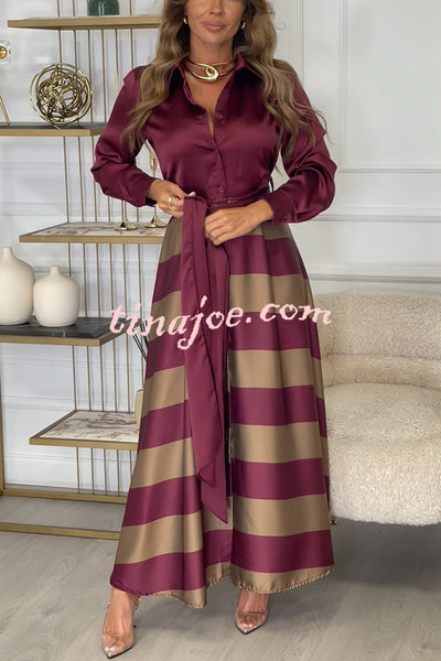 Lindsey Satin Colorblock Contrast Long Sleeve Belted Shirt Maxi Dress