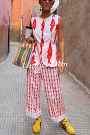 Good Luck Linen Blend Koi Pattern High Rise Elastic Waist Loose Pants