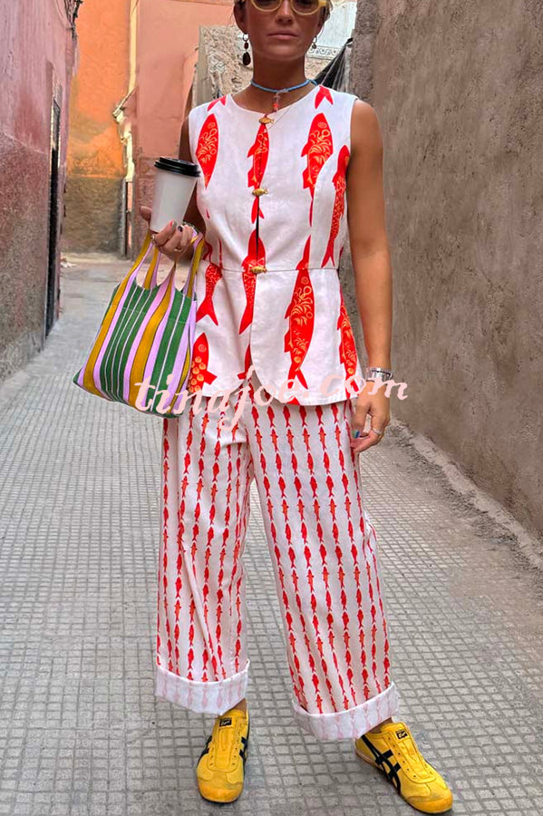 Good Luck Linen Blend Koi Pattern High Rise Elastic Waist Loose Pants