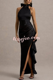 Maureen Satin High Neck Ruched Ruffle Slit Draped Maxi Dress