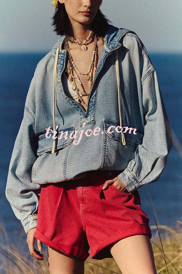 Fashion Loose Pocket Casual Denim Zipper Hoodie