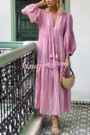 Marrakech Stories Linen Blend Printed Balloon Sleeve Pocketed A-line Midi Dress