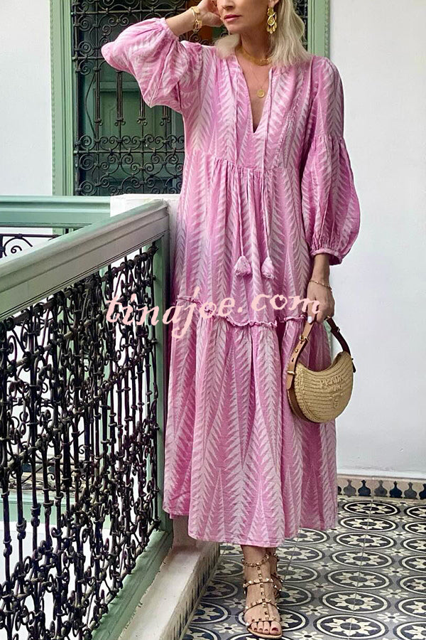 Marrakech Stories Linen Blend Printed Balloon Sleeve Pocketed A-line Midi Dress