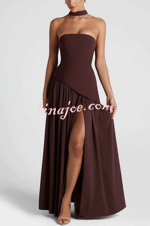 Elegant Off Shopulder Chiffon Pleated Hem Scarf Slit Maxi Dress