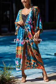 Unique Print Loose Lace Up Holiday Maxi Cover Up